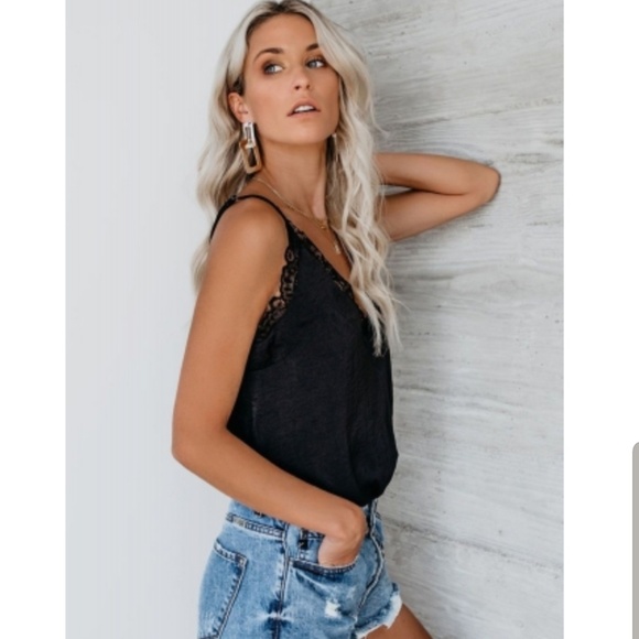 Satiny Dark Romance Black V chic Lace tank - Picture 2 of 4